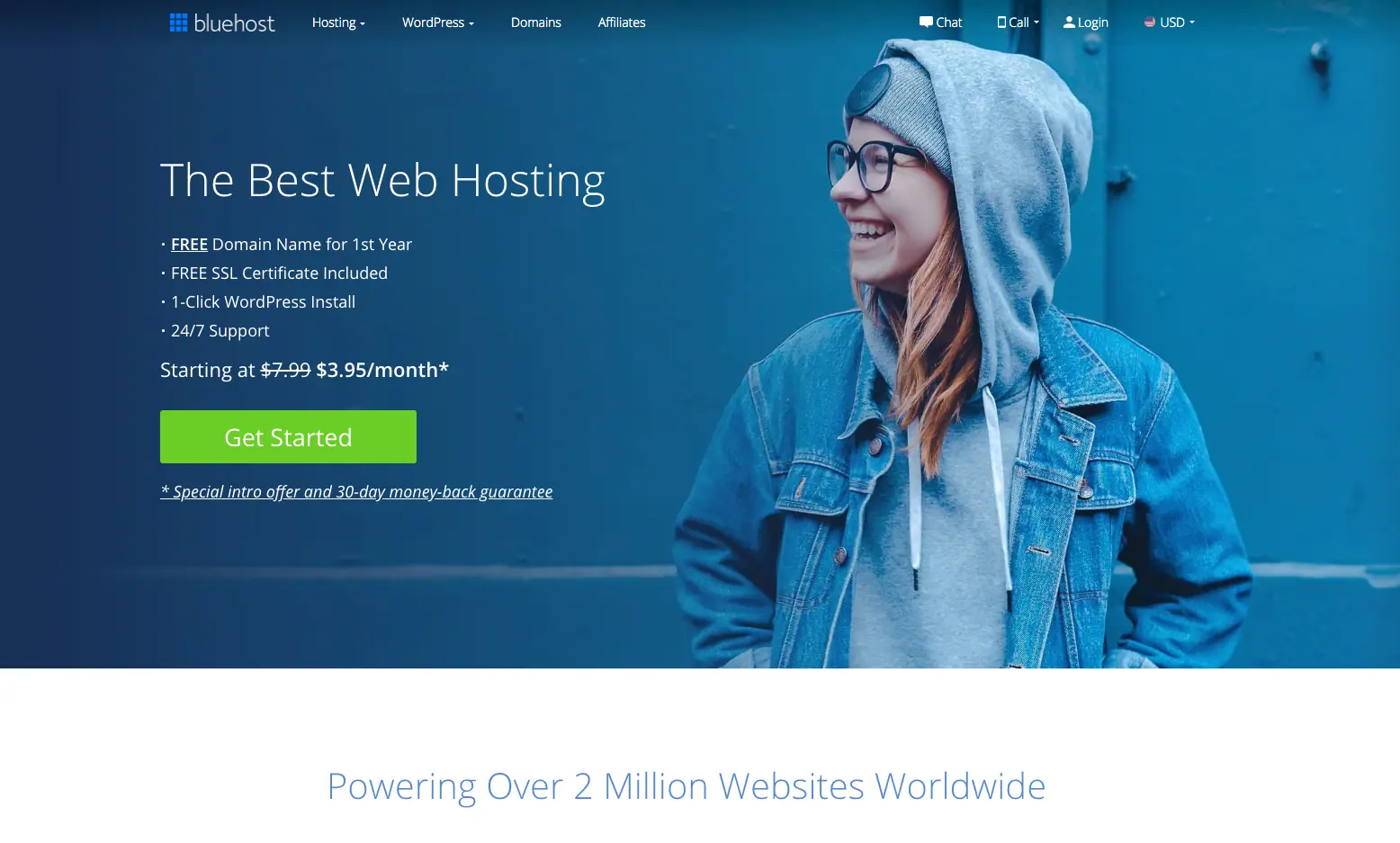 Page d’accueil de Bluehost avec le bouton Get Started, en 2020