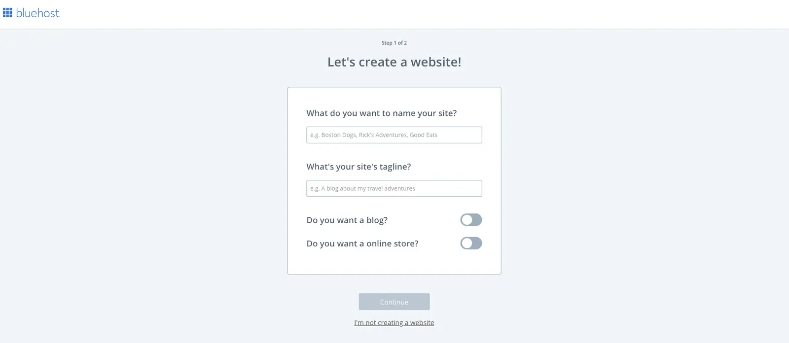 Nom et description du site lors de l’installation de WordPress chez Bluehost