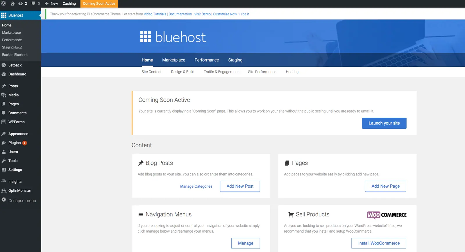 Tableau de bord de WordPress et son menu de gauche
