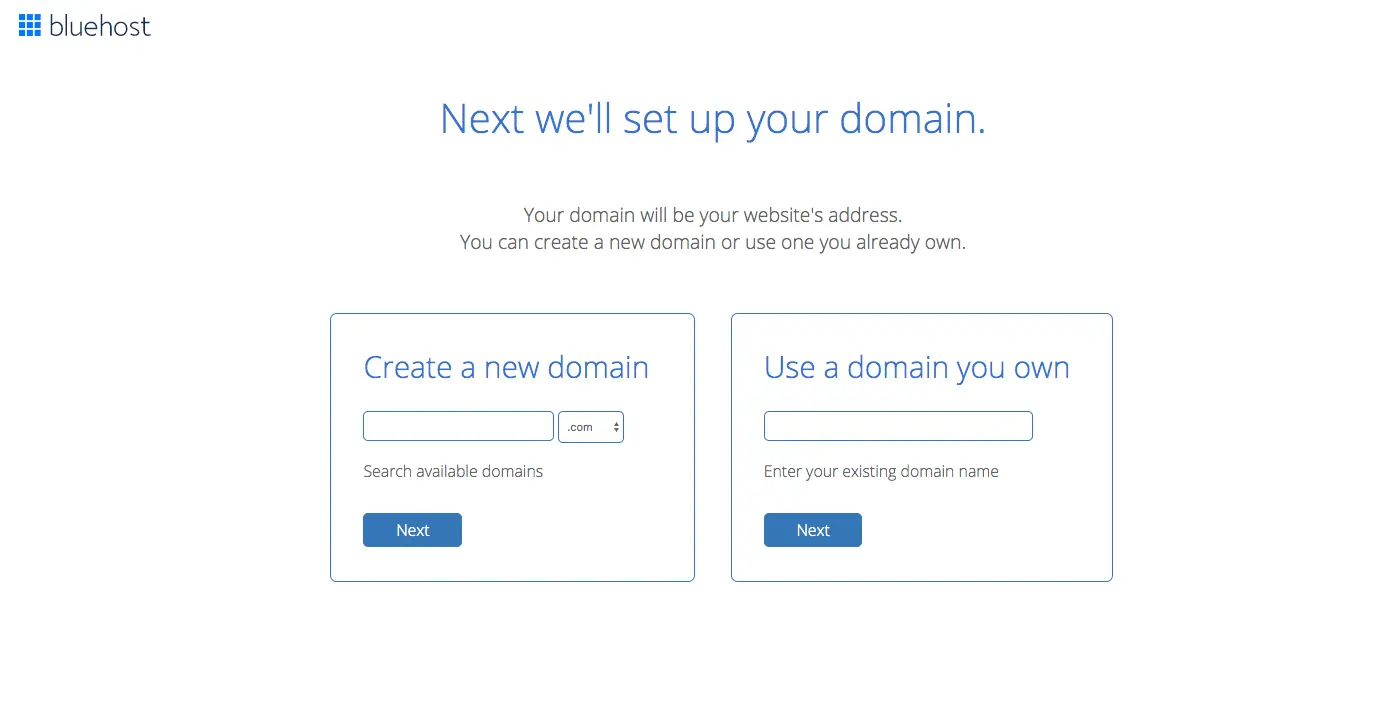 Écran de choix du nom de domaine chez Bluehost