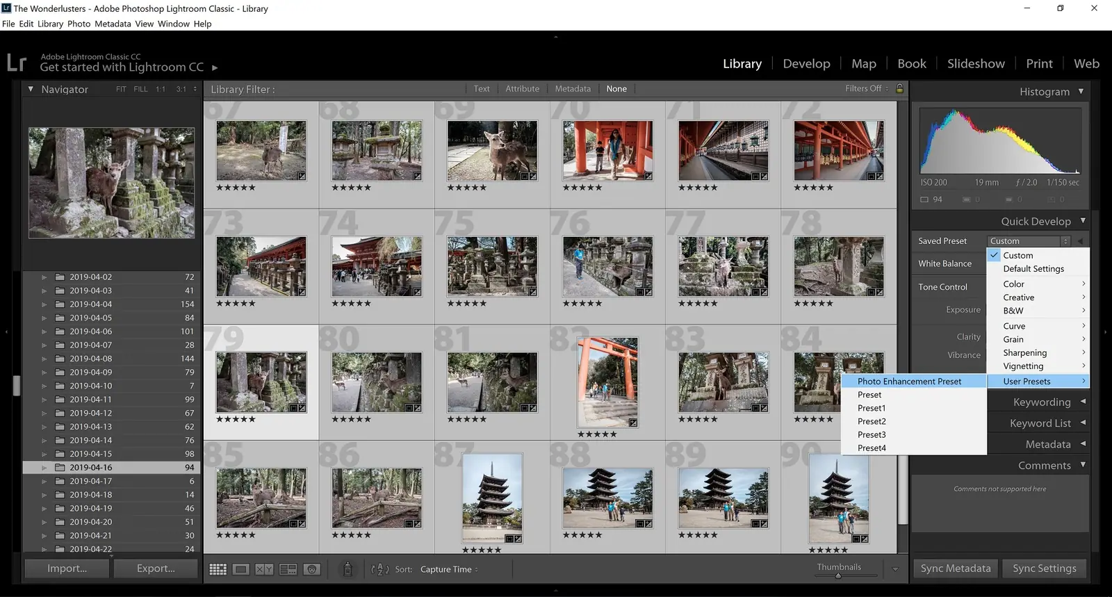 Application d’un preset à plusieurs photos dans le panneau Développement rapide