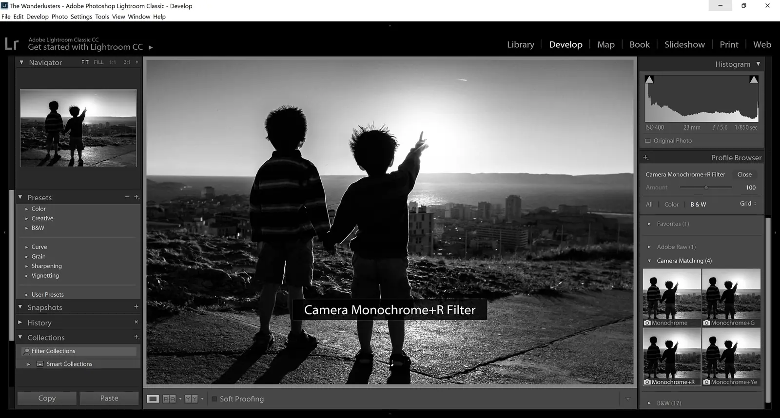 Coucher de soleil sur Marseille avec un profil Monochrome