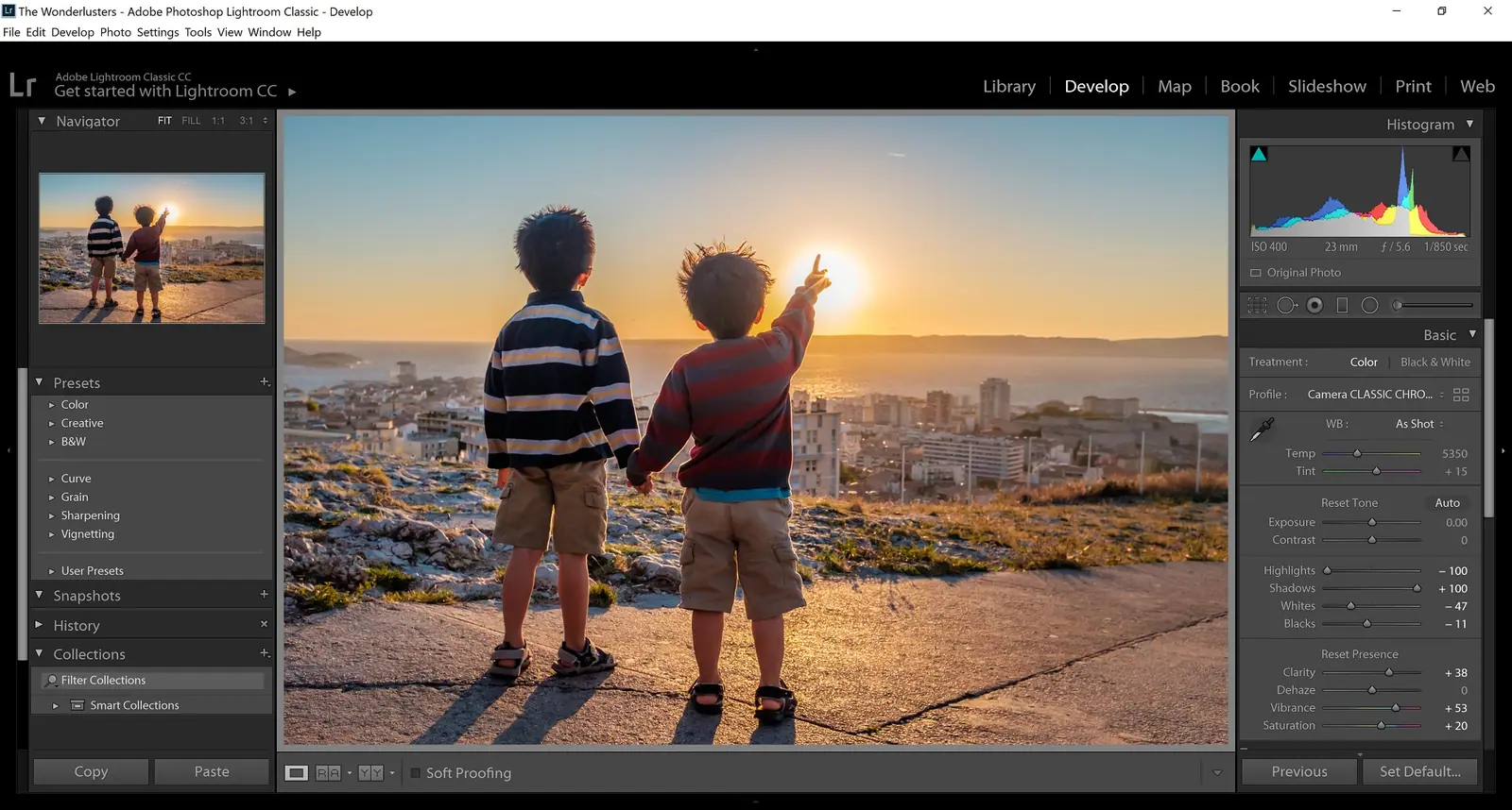 Avant et après la baisse des hautes lumières et la remontée des ombres dans Lightroom