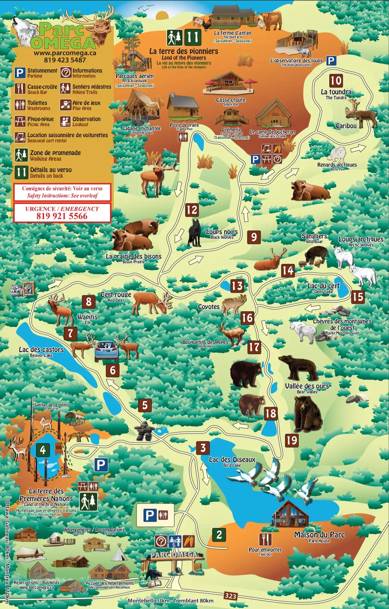 Carte du Parc Oméga avec le circuit en voiture et les arrêts